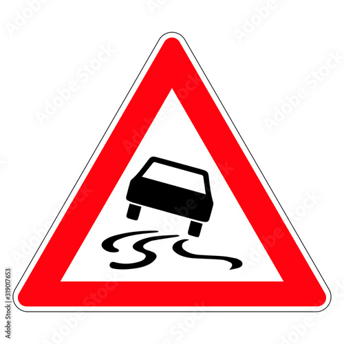Danger of skidding or slipping due to humidity or dirt. Road sign of Germany. Vector graphics.