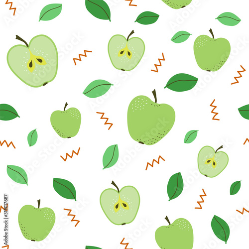Green apples with leaves. Seamless pattern. Vector individual elements on white background.