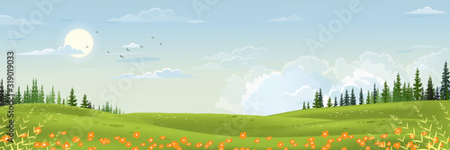 Spring landscape with mountain, blue sky and clouds,Panorama Green fields, fresh and peaceful rural nature in springtime with green grass land. Cartoon vector illustration for spring and summer banner