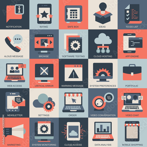 Set vector icons with elements for mobile concepts and web apps. Business and marketing, programming, data management, internet connection, social network, computing, information. Vector