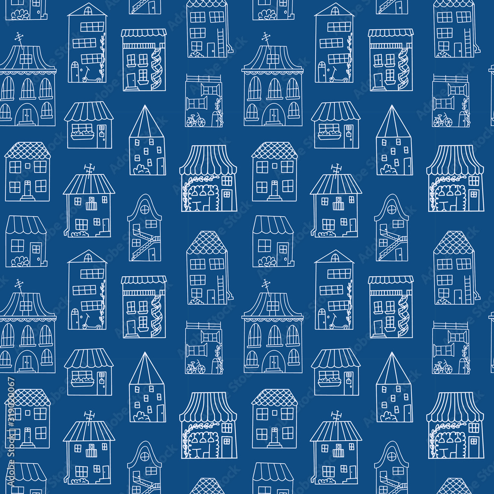 Seamless pattern with cute houses in doodle style. White houses are painted by hand on a dark blue background.