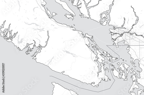 Map of Vancouver Island (Nanaimo, Victoria, Tofino) and Greater Vancouver. Canada, British Columbia. Touristic map. Simple grey scale map without text. Shapes are optimized for better readability.  