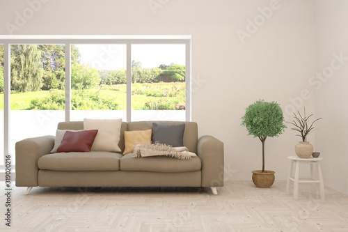 Stylish room in white color with sofa and summer landscape in window. Scandinavian interior design. 3D illustration