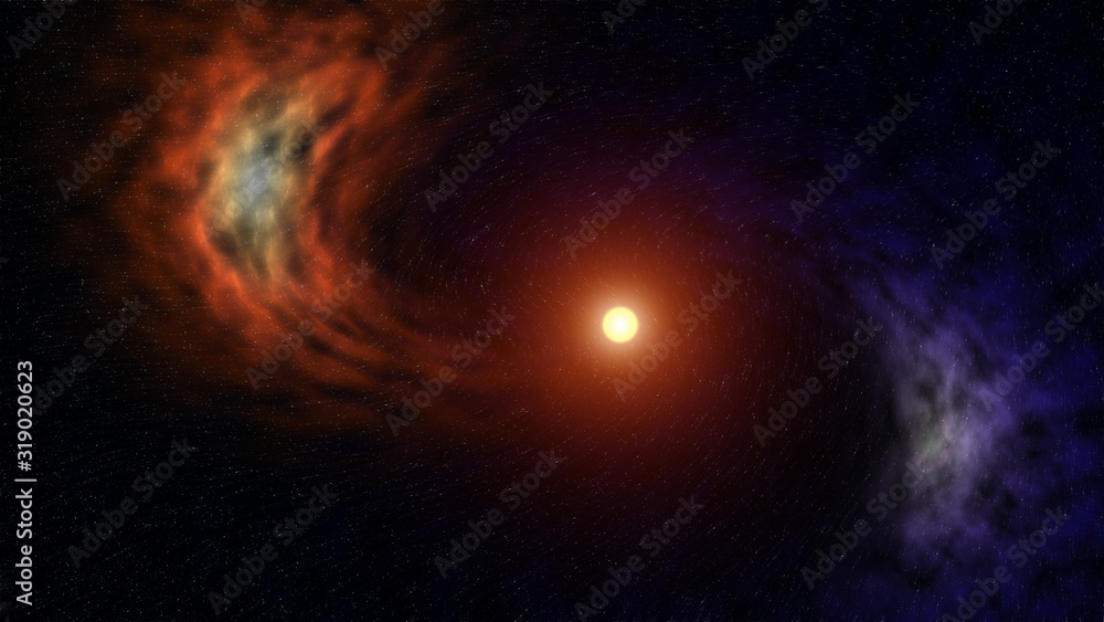A space illustration in the form of the birth of a supernova and two nebulae spinning around it against the background of starry space.