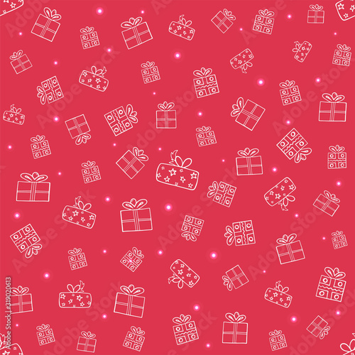 Beautiful seamless pattern vector with cute presents. Decorative Happy New Year and Christmas hand drawn vector for design on a red background