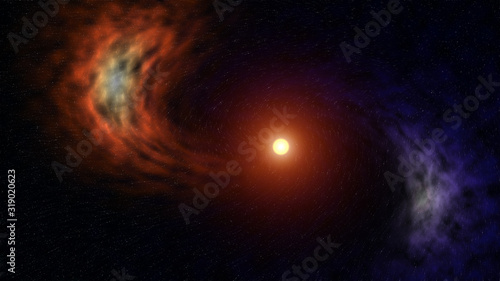 A space illustration in the form of the birth of a supernova and two nebulae spinning around it against the background of starry space.