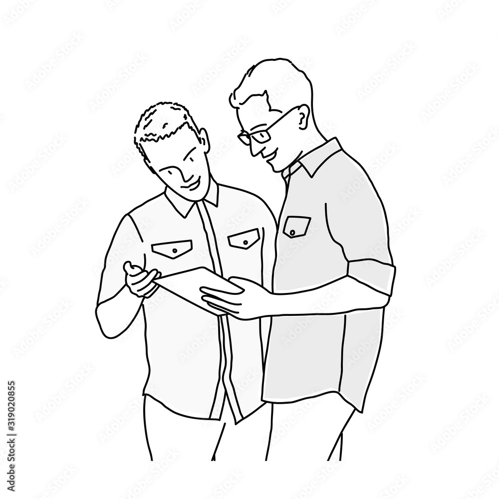 Business meeting. Man discussing something. Line drawing vector illustration.