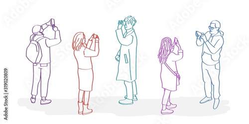 People taking selfies with their smartphones, smiling. Colour line drawing vector illustration.