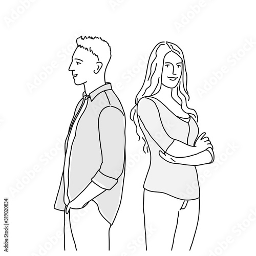 Unhappy couple standing with their backs to each other. Man and woman quarrelled. Line drawing vector illustration.