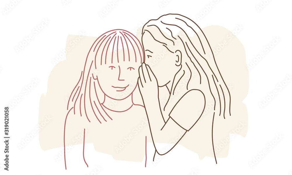 Small girl whispering something in an ear of her friend. Colour line drawing vector illustration.