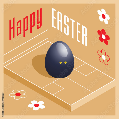 Happy Easter. Greeting card with 3D Easter egg as a squash ball and Isometric squash court. Vector illustration.