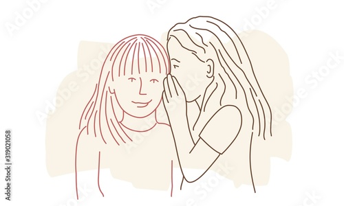 Small girl whispering something in an ear of her friend. Colour line drawing vector illustration.