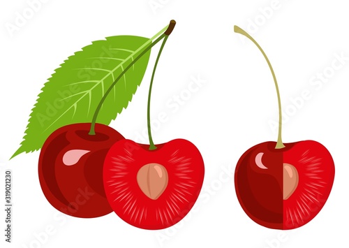 Ripe cherry, half cherry, cherry with a leaf isolated on white background