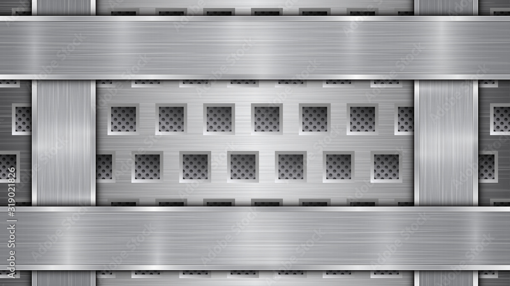 Background in silver and gray colors, consisting of a perforated metallic surface with holes and vertical and horizontal polished plates located on four sides, with a metal texture and shiny edges Background in silver and gray colors, consisting of a perforated metallic surface with holes and vertical and horizontal polished plates located on four sides, with a metal texture and shiny edges