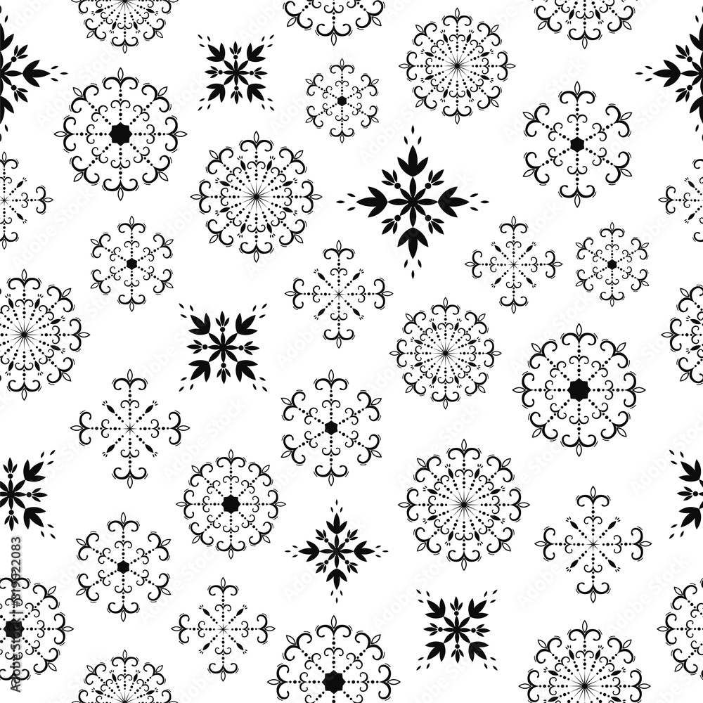Beautiful seamless pattern with openwork vector snowflakes. Decorative hand drawn pattern for design on a white background Beautiful seamless pattern with openwork vector snowflakes. Decorative hand drawn pattern for design on a white background
