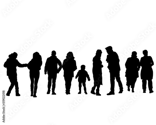 Big crowds people on street. Isolated silhouette on a white background