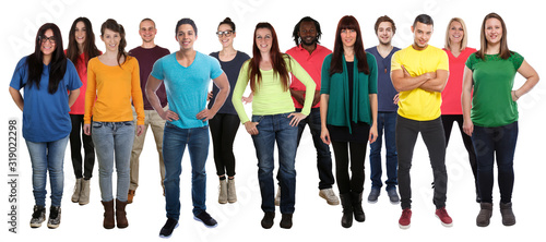 Multicultural group of young people smiling happy full body standing isolated