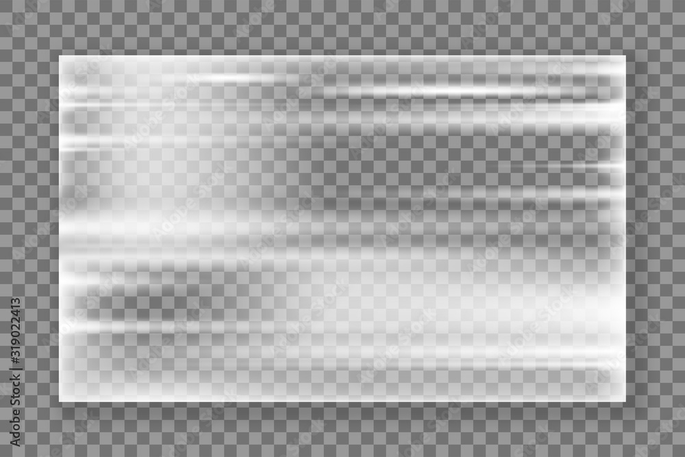 Plastic wrap texture. Realistic stretched plastic film on transparent
