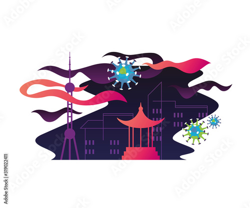 Chinese cityscape vector coronavirus 2019-nCov illustration
