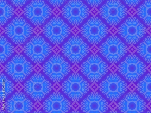 Geometric seamless design template with neon blue and violet simple elements. Tile background pattern with symmetric cross shaped ornament. Great for greeting card, invitation or banner