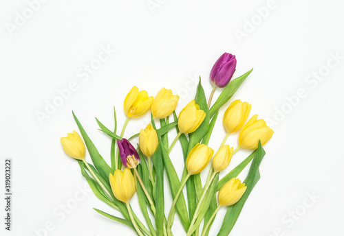 Tulip flowers Spring yellow purple bouquet white background