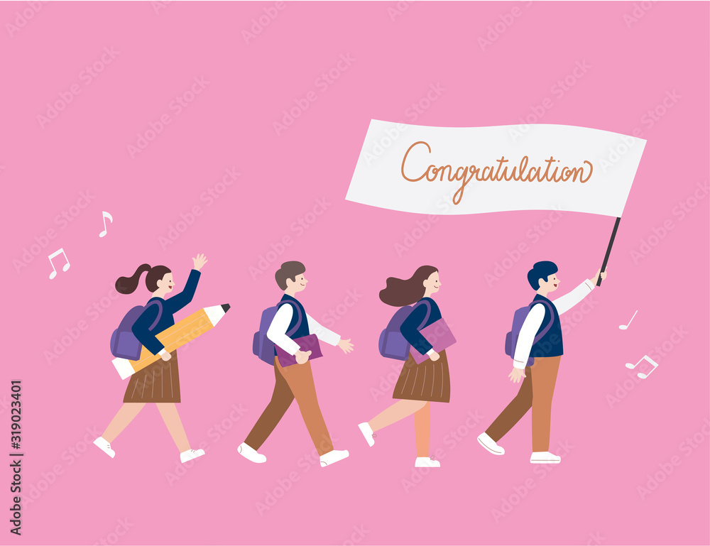Back to school concept. Students in school uniforms marching with guide flags. Flat cartoon vector graphic illustration Back to school concept. Students in school uniforms marching with guide flags. Flat cartoon vector graphic illustration