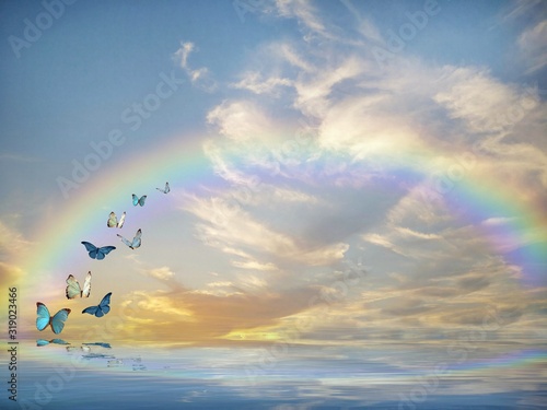 Obraz na płótnie Spiritual background for meditation with butterflies and rainbow