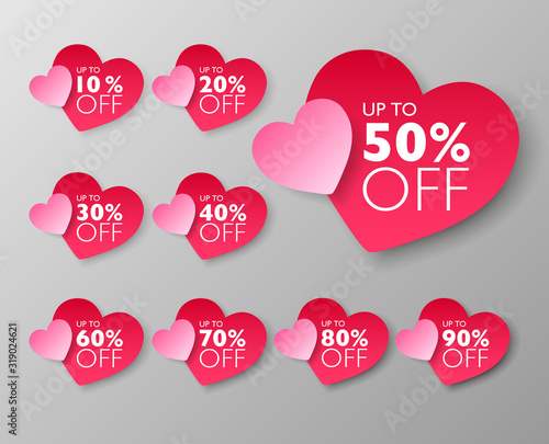 50% off sale tags. Set of 10% through 90% off Pink heart shape labels for sale promotional marketing. Vector illustration.