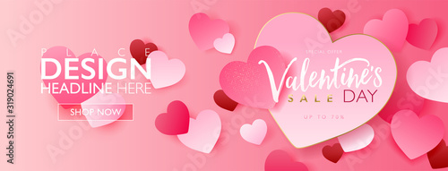 Valentine's day sale banner concept. Seasonal marketing design layout. Pink heart paper craft with golden border and glitter on pink background. Vector illustration template.