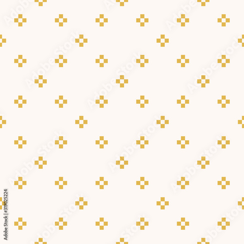 Vector minimalist geometric seamless pattern. Simple abstract texture with small crosses, flower silhouettes in square grid. Subtle yellow and white minimal background. Pixel art. Repeating design