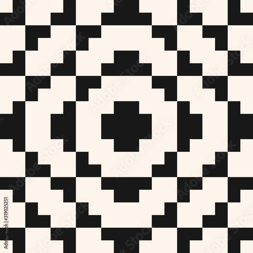 Vector geometric traditional folklore ornament. Fair isle seamless pattern. Tribal ethnic motif. Ornamental texture with squares, crosses, embroidery, knitting. Black and white repeatable background