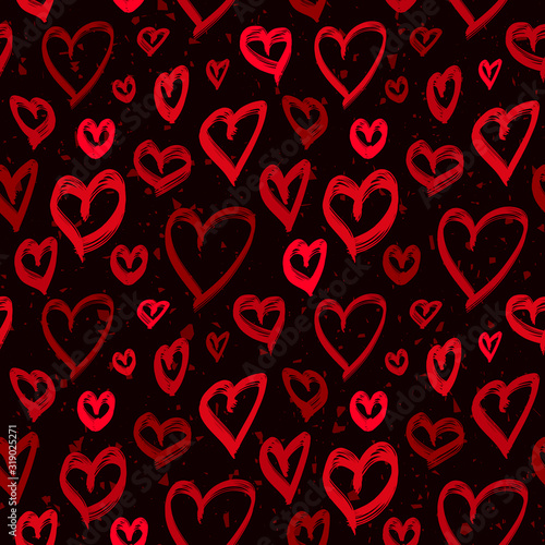 Romantic seamless pattern with hand drawn hearts. Valentine's day background with red heart shapes on black backdrop. Love theme. Doodle style illustration. Cute repeat design for decor, wallpaper