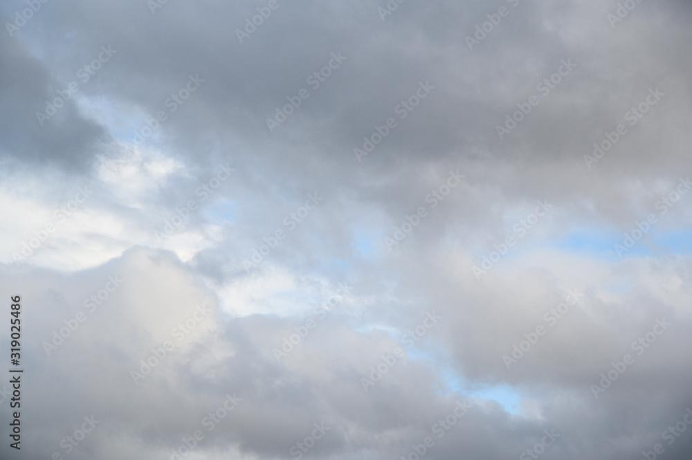 Late afternoon blue sky with white and gray clouds as a nature background