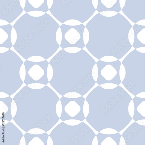 Vector seamless pattern. Subtle floral ornamental background, geometric tiles, curved lines, circles, grid, mesh, net. Abstract ornament texture in light blue and white color. Elegant repeat design