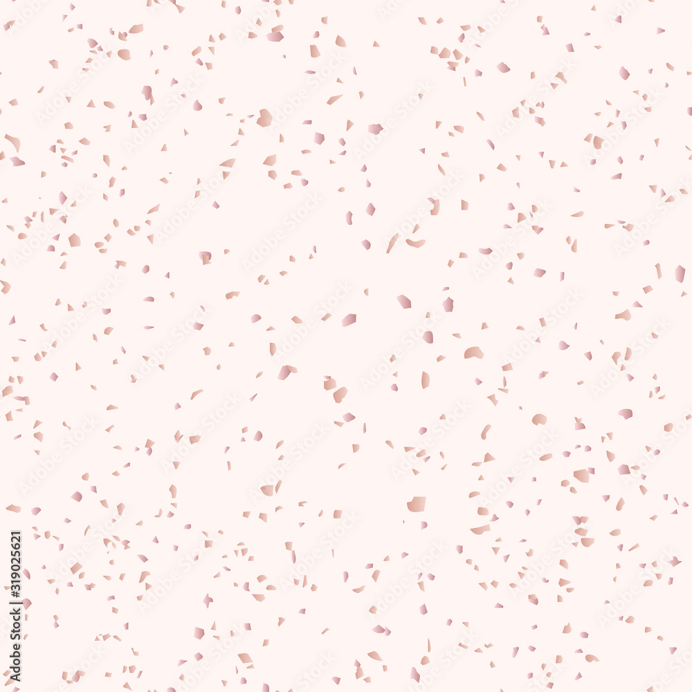 Vector rose gold terrazzo flooring texture. Seamless pattern with chaotic scattered golden pink confetti. Modern background. Luxury mosaic floor surface. Trendy design for decor, wallpaper, web, print