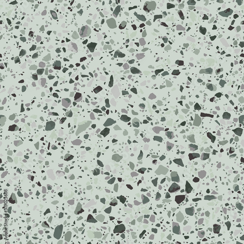 Green granite terrazzo flooring seamless texture. Realistic vector pattern of mosaic floor with natural stones, marble, granite, quartz, concrete. Classic Venetian floor. Realistic repeatable design