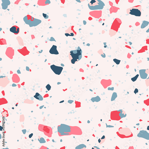 Terrazzo seamless pattern. Vector texture of mosaic floor with colorful recycled glass splinters, plastic, stone fragments, chips of marble, granite, quartz. Multicolor particles on white background