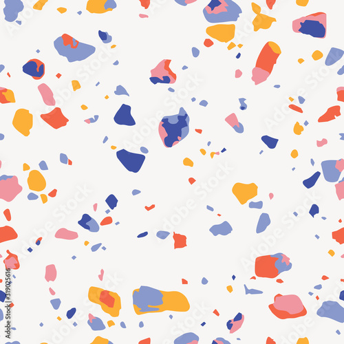 Terrazzo seamless pattern. Colorful vector texture of mosaic floor consisting of recycled plastic, glass splinters, stone fragments, chips of marble, granite, quartz and concrete. Trendy background