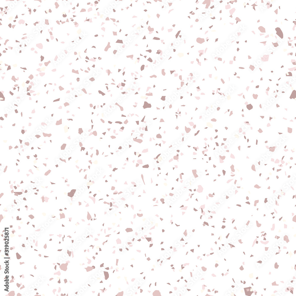 Rose gold terrazzo texture. Vector seamless pattern with chaotic scattered golden confetti on white background. Terazzo mosaic flooring background. Luxury repeat design. Holiday festive fun concept Rose gold terrazzo texture. Vector seamless pattern with chaotic scattered golden confetti on white background. Terazzo mosaic flooring background. Luxury repeat design. Holiday festive fun concept
