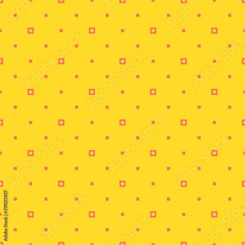 Simple minimalist geometric seamless pattern with small squares, tiny dots, pixels. Vector abstract background in bright yellow and coral color. Subtle minimal texture. Repeat design for decor, covers