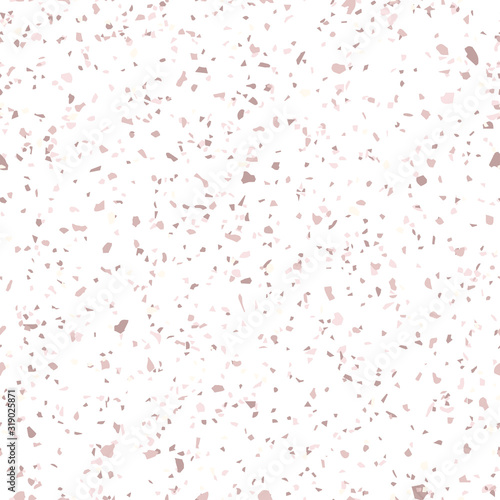 Rose gold terrazzo texture. Vector seamless pattern with chaotic scattered golden confetti on white background. Terazzo mosaic flooring background. Luxury repeat design. Holiday festive fun concept