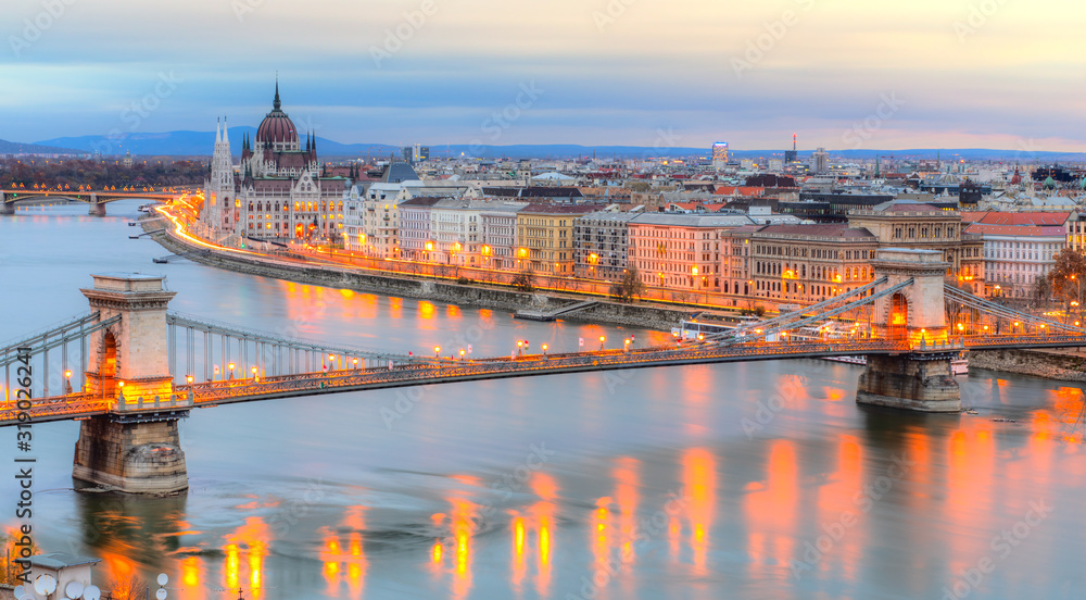 Fototapeta premium View of Budapest parliament at sunset, Hungary
