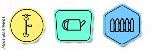Set line Grass and weed electric string trimmer, Watering can and Garden fence wooden. Colored shapes. Vector