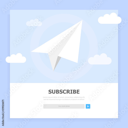 A white subscription window is displayed on the computer screen on a blue background. Above, white text is written. On the background are white small objects.