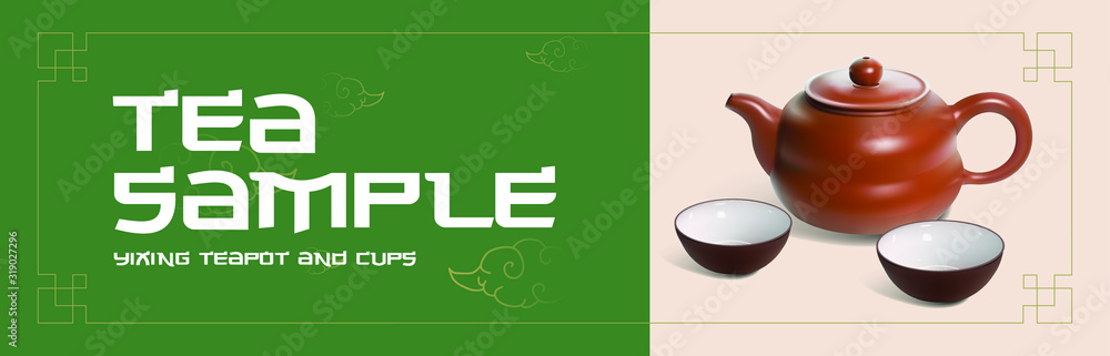 Yixing teapot and china cups tea set relism banner. Yixing teapot and china cups tea set relism banner.
