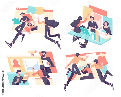 Business concept illustration set. Businessmen and businesswomen searchig for ideas, taking part in business meeting, negotiation, brainstorming. Flat style