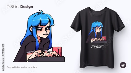 T-shirt design of cute stylish nerdy girl typing on a keyboard. Anime style illustration for t-shirts, posters, sweatshirts and souvenirs