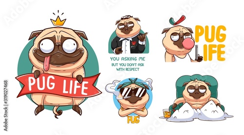 Funny pug sticker set. Illustrations for t-shirts, posters, sweatshirts and souvenirs