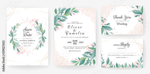 Wedding invitation card template set with leaves, small flowers, watercolor background, and gold line. Floral border for save the date, greeting, thank you, RSVP, etc. Botanic illustration vector