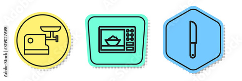 Set line Kitchen meat grinder, Microwave oven and Knife. Colored shapes. Vector